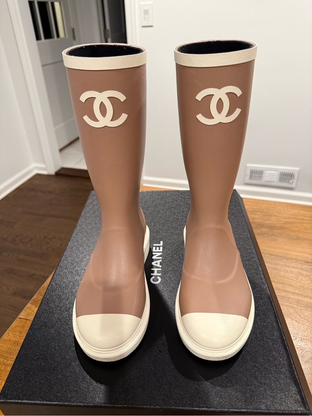 CHANEL Beige and Cream Rubber Knee-High Rain Boots with CC Logo - Picture 5 of 10